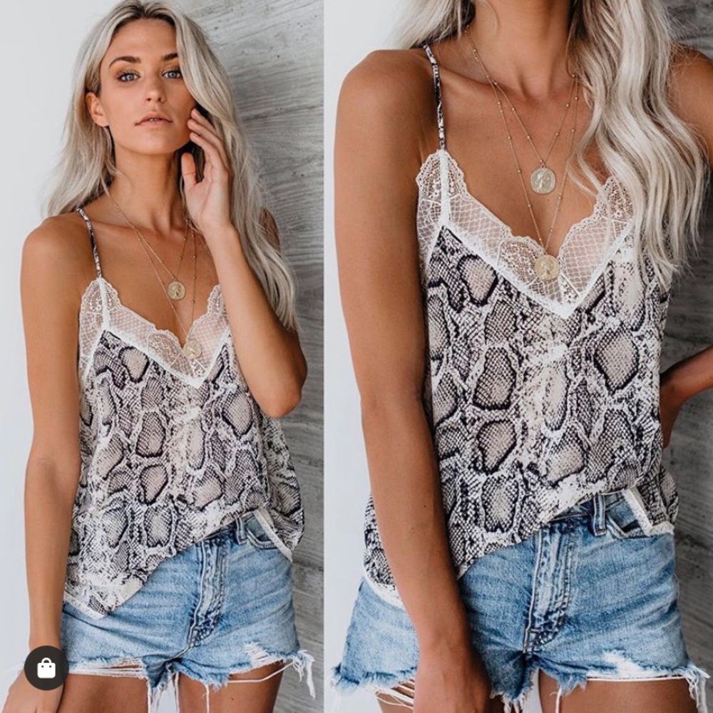 Snakeskin Cami tank with lace in taupe